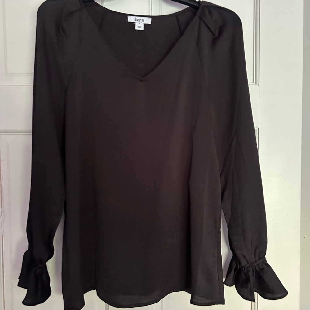 Bar III Black V-Neck Long Sleeve Blouse with Ruffle Cuffs